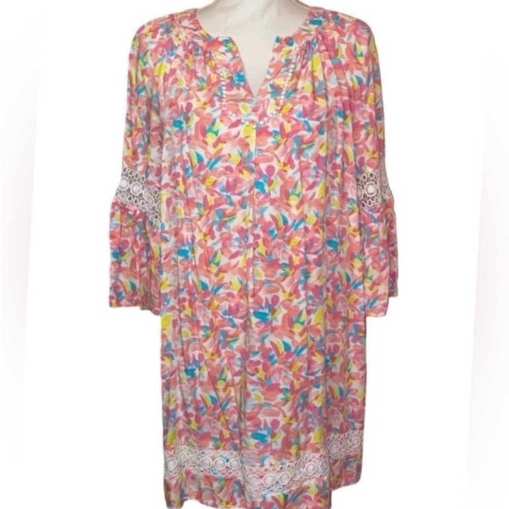 CROWN & IVY Whimsical Spring Mini Dress Bell Sleeves PNK/MLT SZ Petite X-LARGE